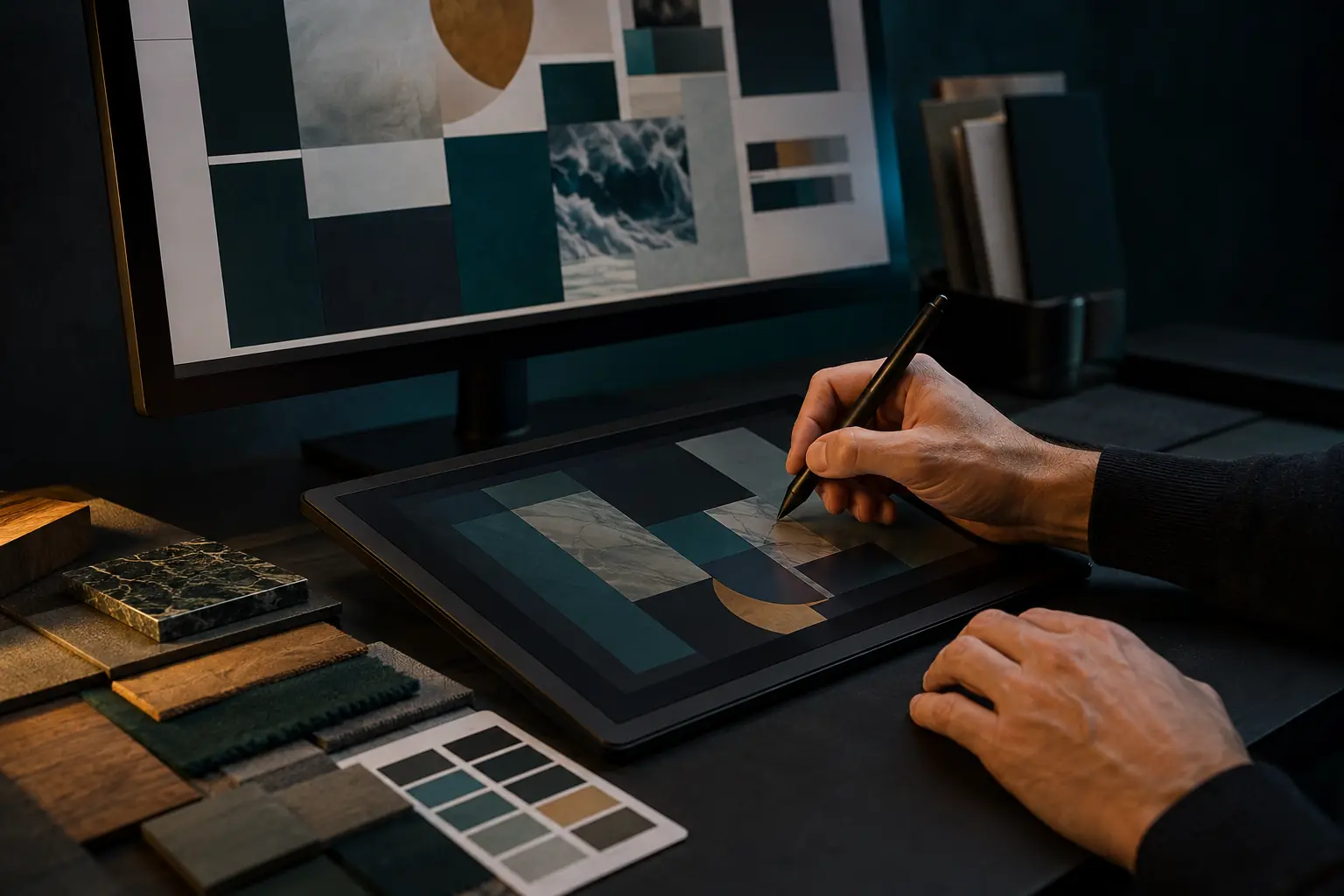 Hands creating a precise digital design on a tablet