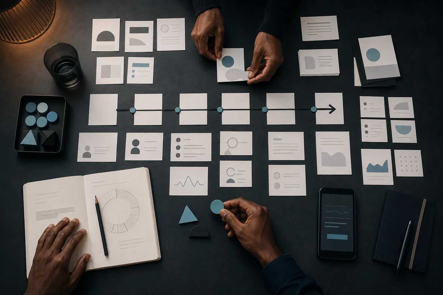 Research notes and customer journey materials arranged on a worktable