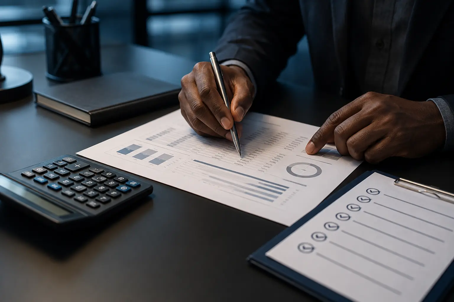 A precise operations workspace with documents and analytical tools